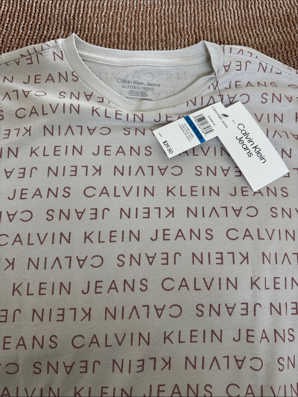Calvin Klein Jeans Cream Tee with Mauve Logo Print